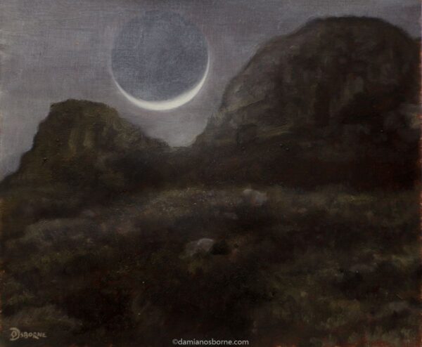 Crescent Moon and Mountain Nocturne, oil on panel, Damian Osborne, 20 x 23 cm, 2021