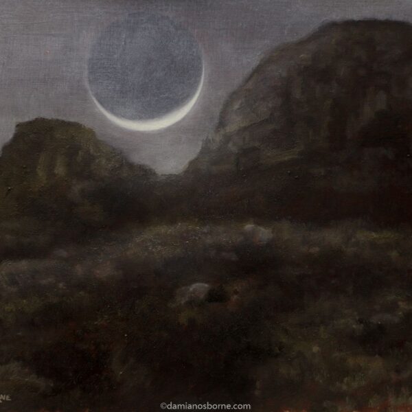 Crescent Moon and Mountain Nocturne, oil on panel, Damian Osborne, 20 x 23 cm, 2021