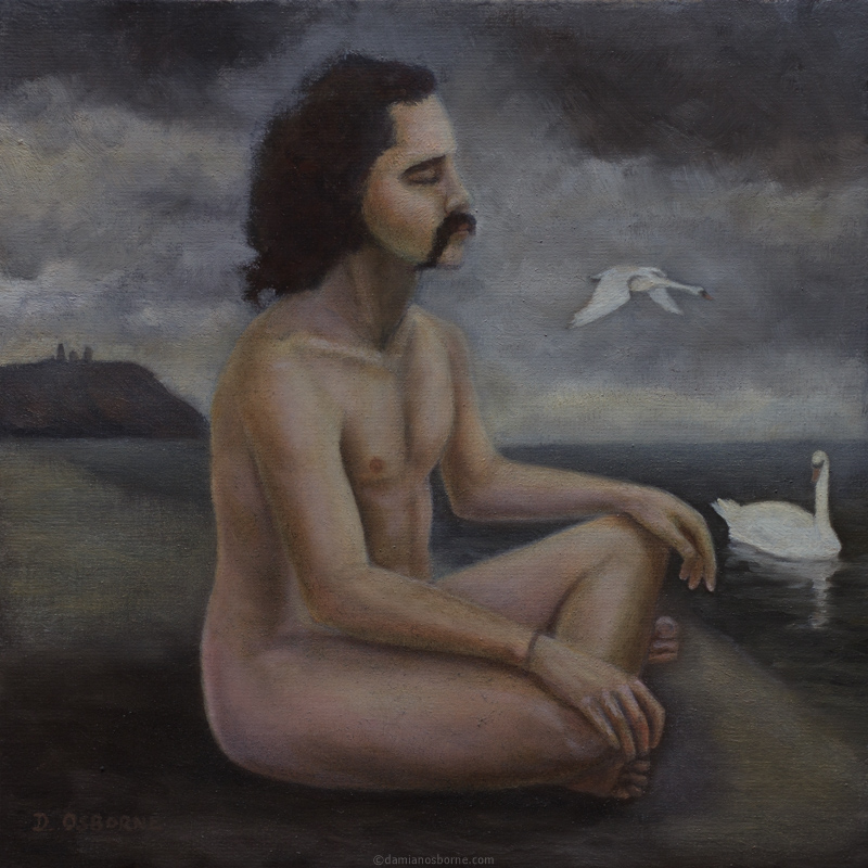 Aengus of the Birds by Damian Osborne, oil on panel, 20 x 20 cm, 2024, figurative male nude oil painting, a man meditating with swans