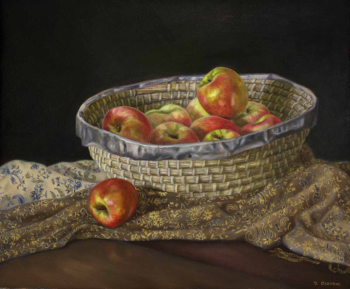still life of apples by Damian Osborne final glazing of an oil painting, Damian Osborne