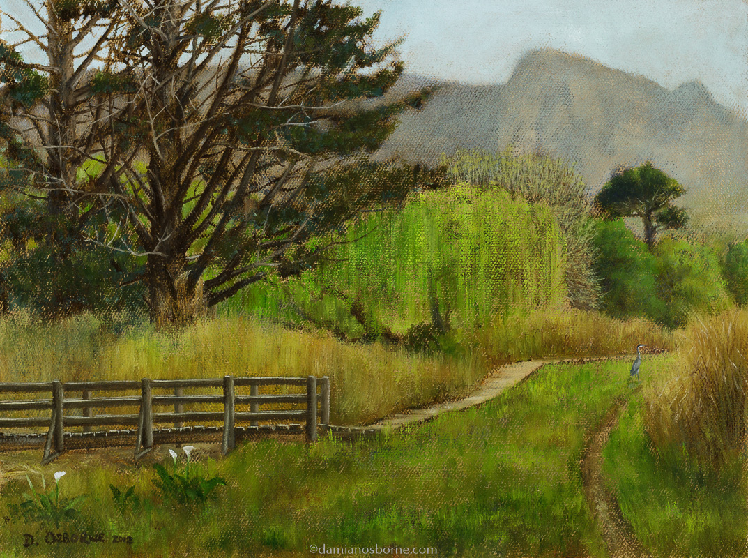 Bridge and Pine Trees (Constantia Green Belt), oil on canvas, 23 x 30 cm, Damian Osborne, 2012. A plein air impressionist oil landscape painting of the Constantia Valley with a bridge and path through the greenbelt.