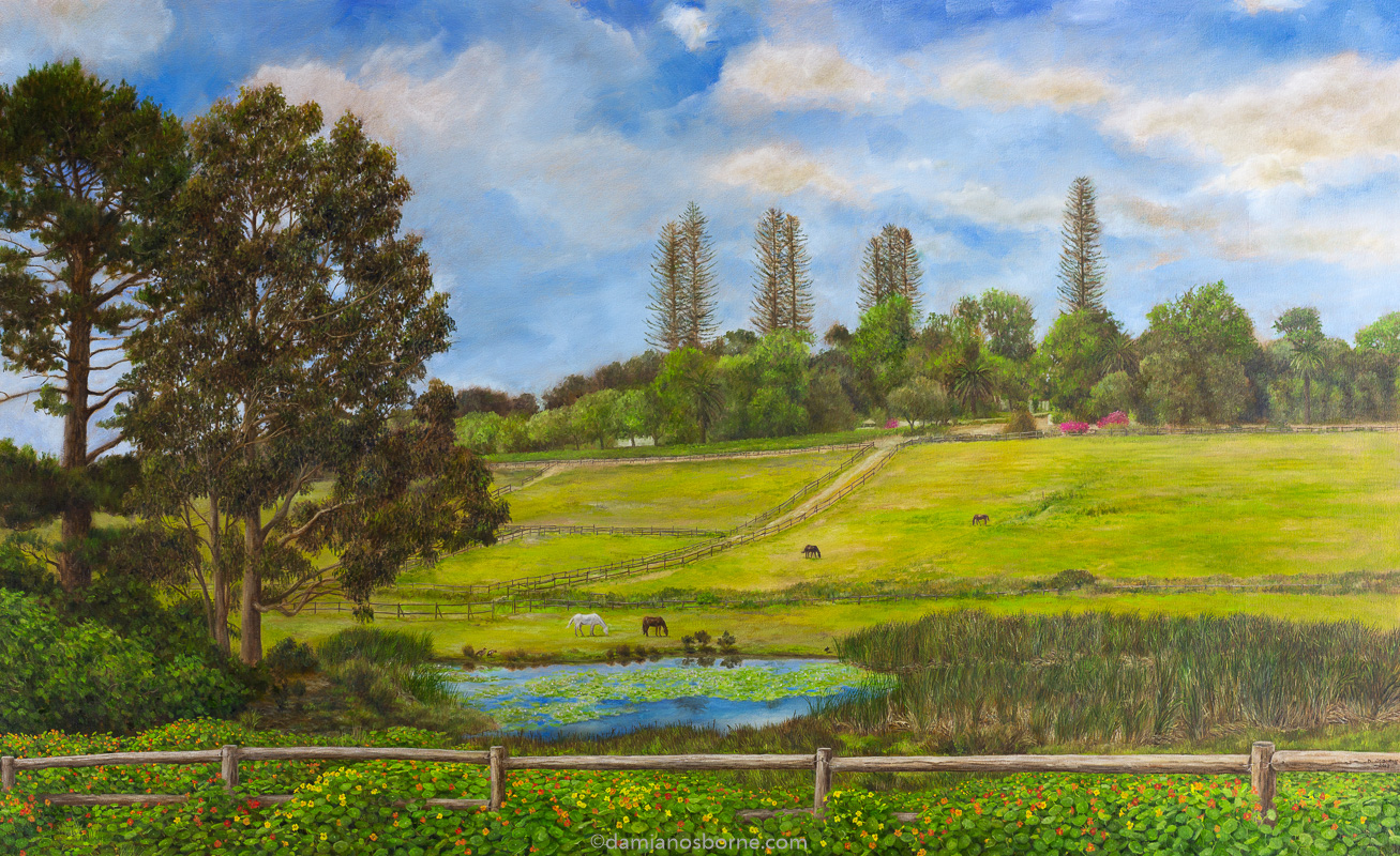 Constantia Uitsig Paddocks, oil on canvas, 80 x 130 cm, Damian Osborne, 2013. A plein air impressionist oil landscape painting of the Constantia Valley with the horse paddocks and vlei below Constantia Uitsig.