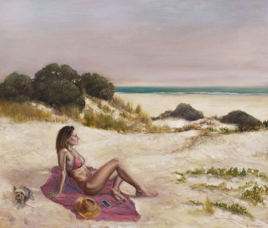 Day at the Beach, figurative oil painting by Damian Osborne, oil on board, 52 x 62 cm, 2019_800px, seascape figure painting