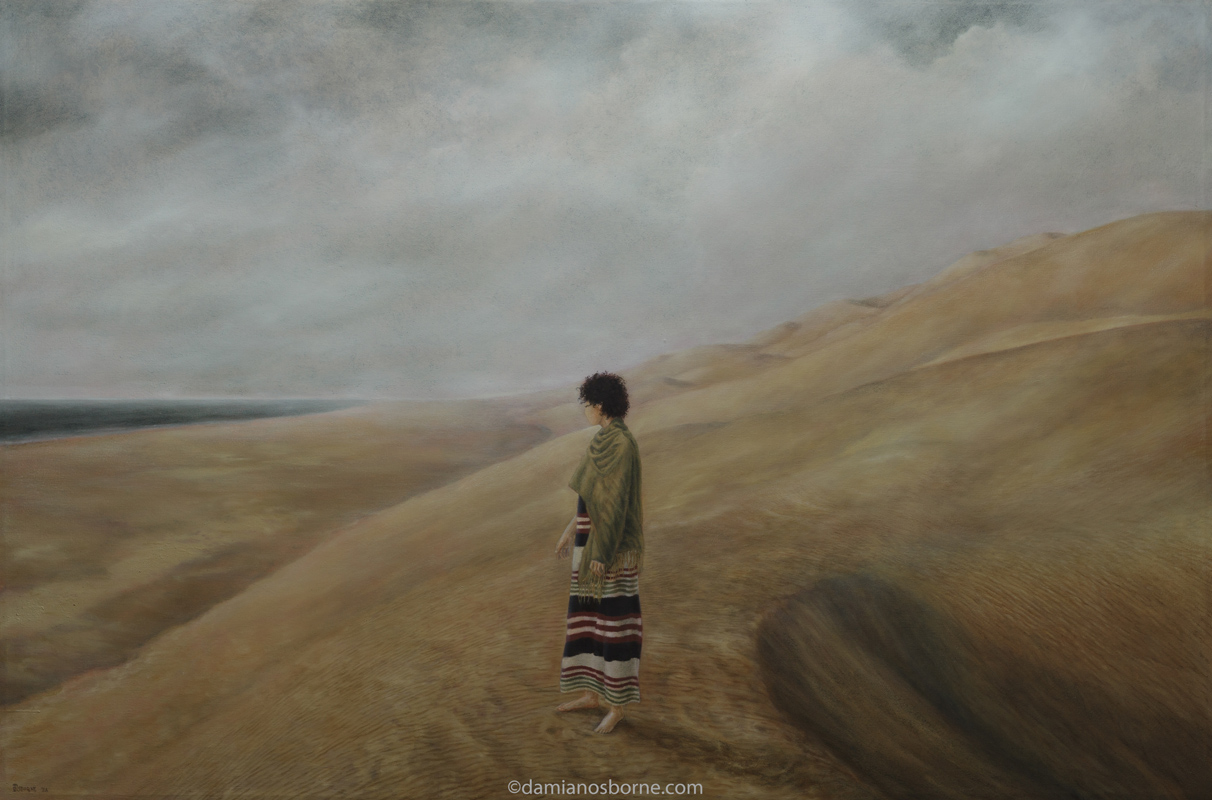 Desert Prayer by Damian Osborne, oil on canvas, 100 x 150 cm, 2024. A contemporary realism painting of a woman standing in a desert landscape of the Namib Desert.