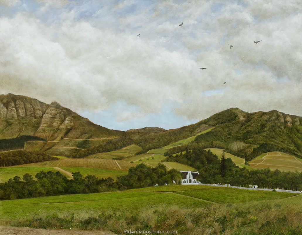 Doves in Flight Before the Rain Comes (View of Groot Constantia), oil on canvas, 70 x 90 cm, Damian Osborne, 2012. A plein air impressionist oil landscape painting of the Constantia Valley with Groot Constantia Manor House in the background.