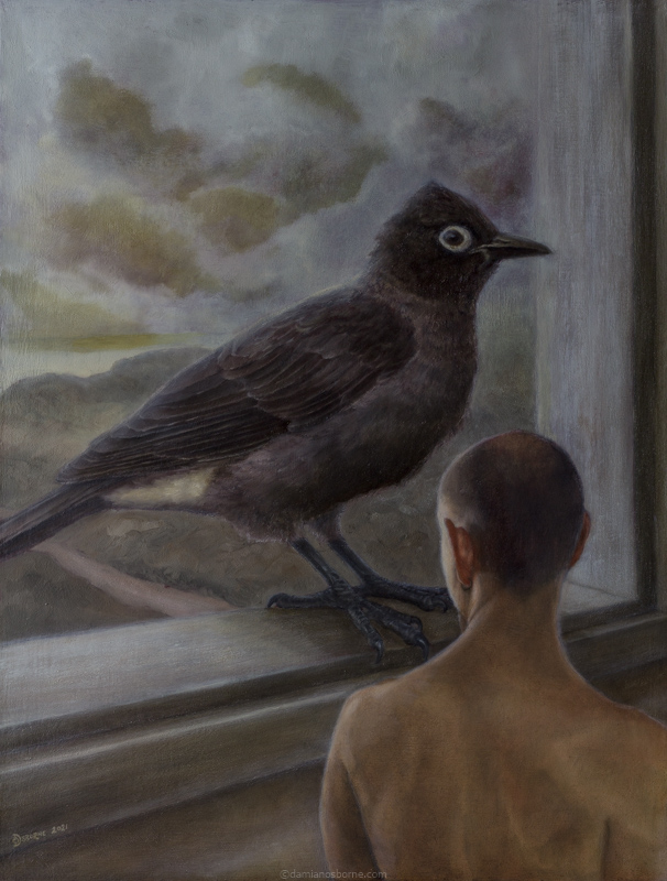 Dream Bird by Damian Osborne, oil on board, 61 x 46 cm, 2021. A self-portrait allegorical realism or contemporary realist oil painting of a huge bulbul bird and the back of my head as I look out of a huge window.