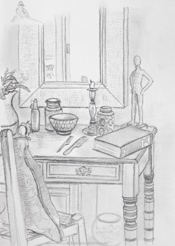 Dressing Table, pencil in sketchbook, Damian Osborne, 2022, still life pencil sketch, vacation pencil sketching