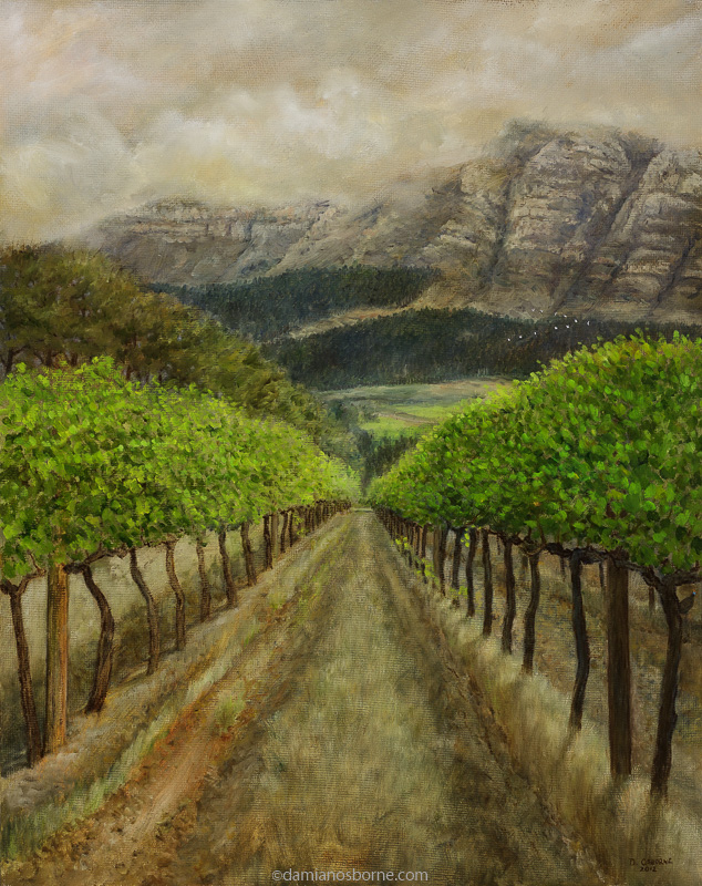 Dusk in the Chardonnay Vineyard, Constantia Uitsig (plein air), oil on board, 40 x 50 cm, Damian Osborne, 2012. A plein air impressionist oil landscape painting of the Constantia Valley with rows of chardonnay vines and rain clouds over the mountains.