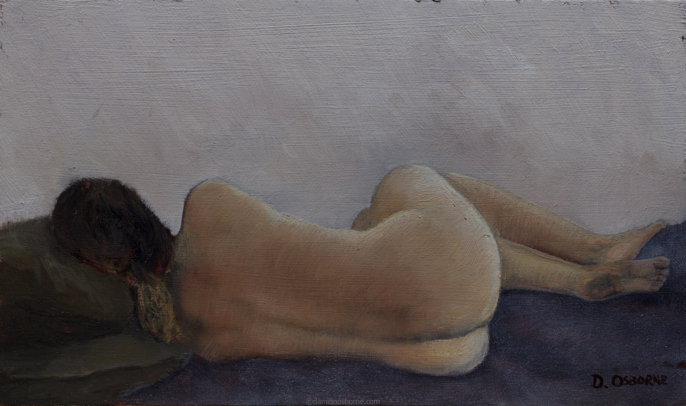 Female Nude Curled Up by Damian Osborne, oil on panel, 13,5 x 23 cm, 2023, 800px contemporary realist figurative paintings, figurative nude painting