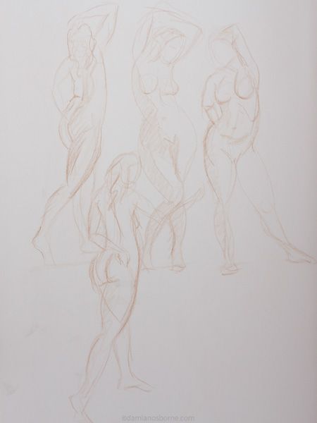 Gesture drawings, female nude, pencil crayon, Damian Osborne, 2018