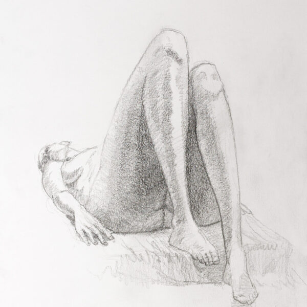 Knees Up Nude Drawing by Damian Osborne, Graphite on Fabriano Paper, 30 x 42cm, 2020. A nude figure drawing done from a live model.