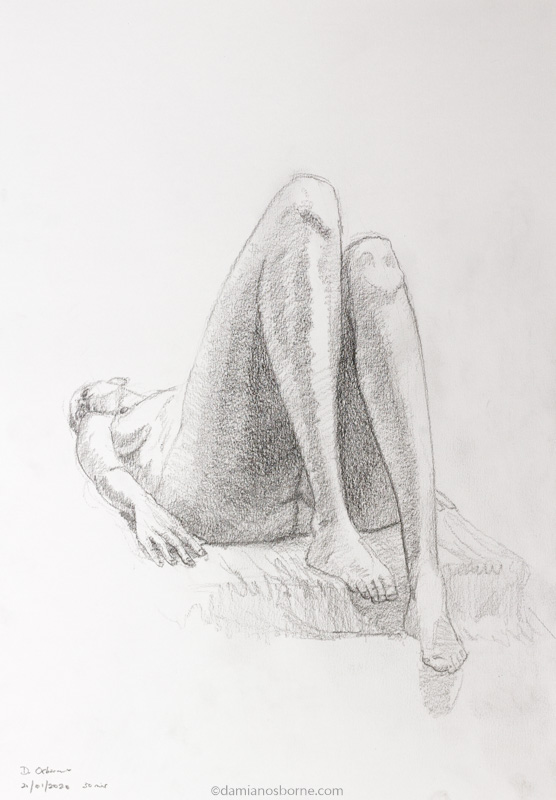 Knees Up Nude Drawing by Damian Osborne, Graphite on Fabriano Paper, 30 x 42cm, 2020. A nude figure drawing done from a live model. 800px