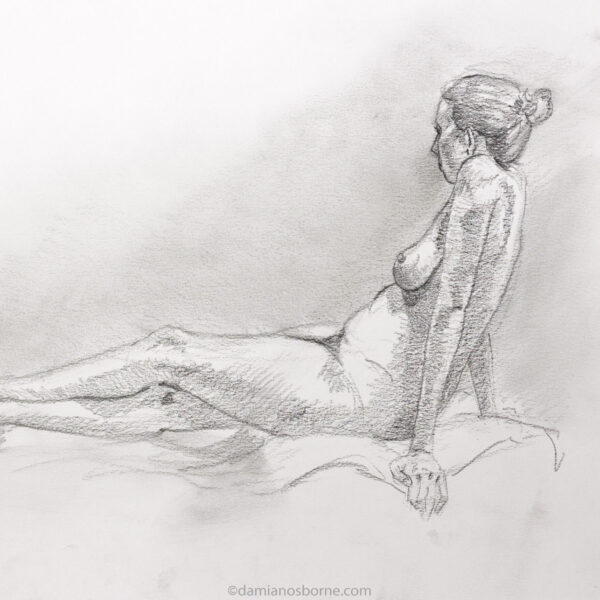 Leaning Back on Arms Nude Drawing by Damian Osborne, Graphite on Fabriano Paper, 30 x 42cm, 2020. A nude figure drawing done from a live model. $50 or R890.