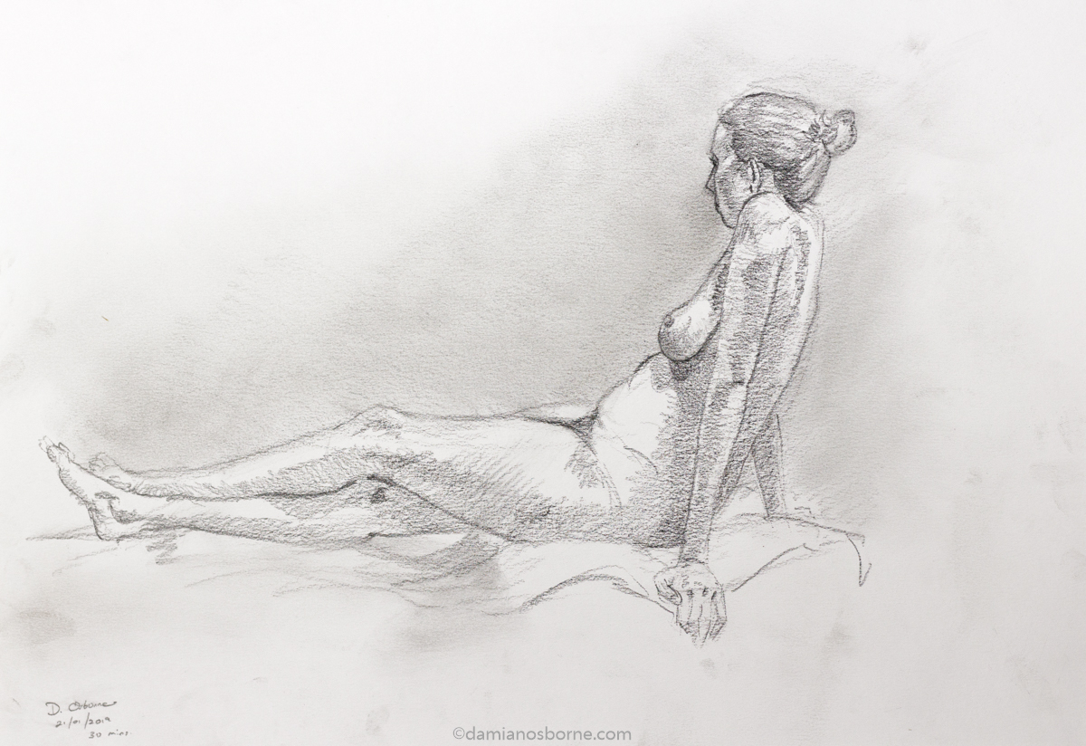 Leaning Back on Arms Nude Drawing by Damian Osborne, Graphite on Fabriano Paper, 30 x 42cm, 2020. A nude figure drawing done from a live model. $50 or R890. 1200px