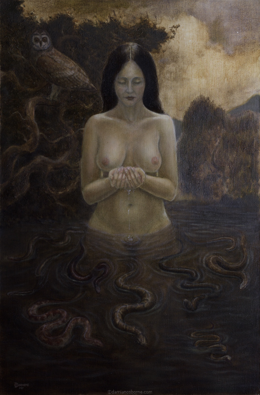 Lilith of the Shadow Wood by Damian Osborne, oil on canvas panel, 61 x 40 cm, 2024, 800px. A figurative oil painting of nude woman standing in a dark pool with snakes surrounding her. Allegorical realism paintings of mythology.