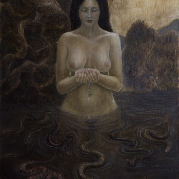 Lilith of the Shadow Wood by Damian Osborne, oil on canvas panel, 61 x 40 cm, 2024, 800px. A figurative oil painting of nude woman standing in a dark pool with snakes surrounding her.