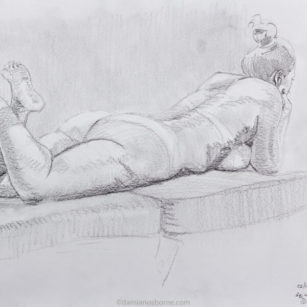 Lying on Her Belly Nude Drawing by Damian Osborne, Graphite on Fabriano Paper, 30 x 42cm, 2020. A nude figure drawing done from a live model.