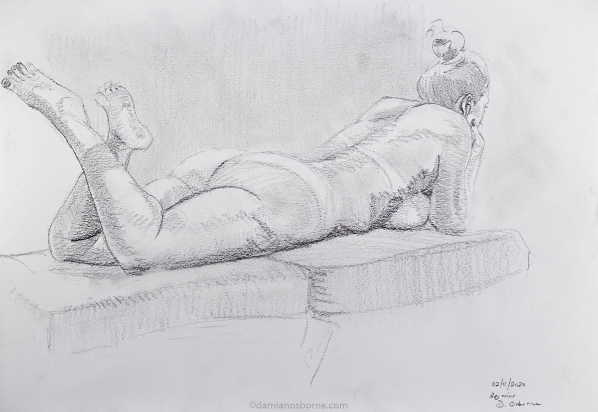 Lying on Her Belly Nude Drawing by Damian Osborne, Graphite on Fabriano Paper, 30 x 42cm, 2020. A nude figure drawing done from a live model.