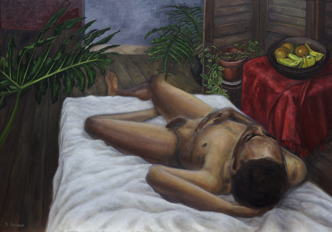 Male Nude with House Plants and Fruit Bowl by Damian Osborne, oil on board, 43 x 60,5 cm, 2023, 800px, male figure painting