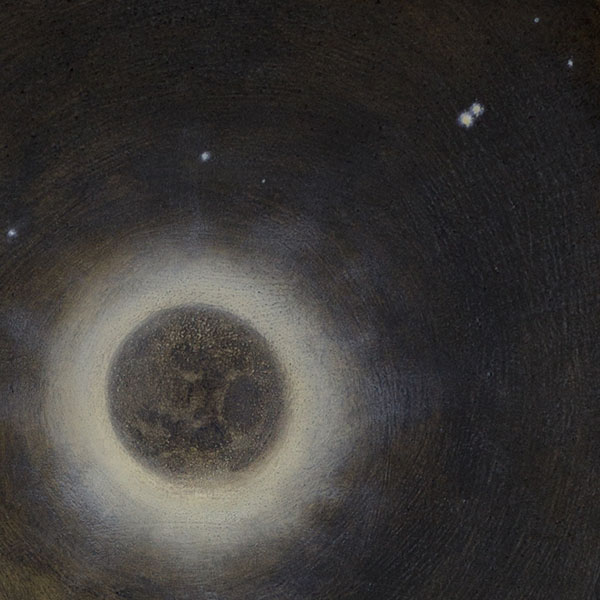 Nigredo, eclipse and Saturn Jupiter conjuction, oil on board, Damian Osborne, 2021