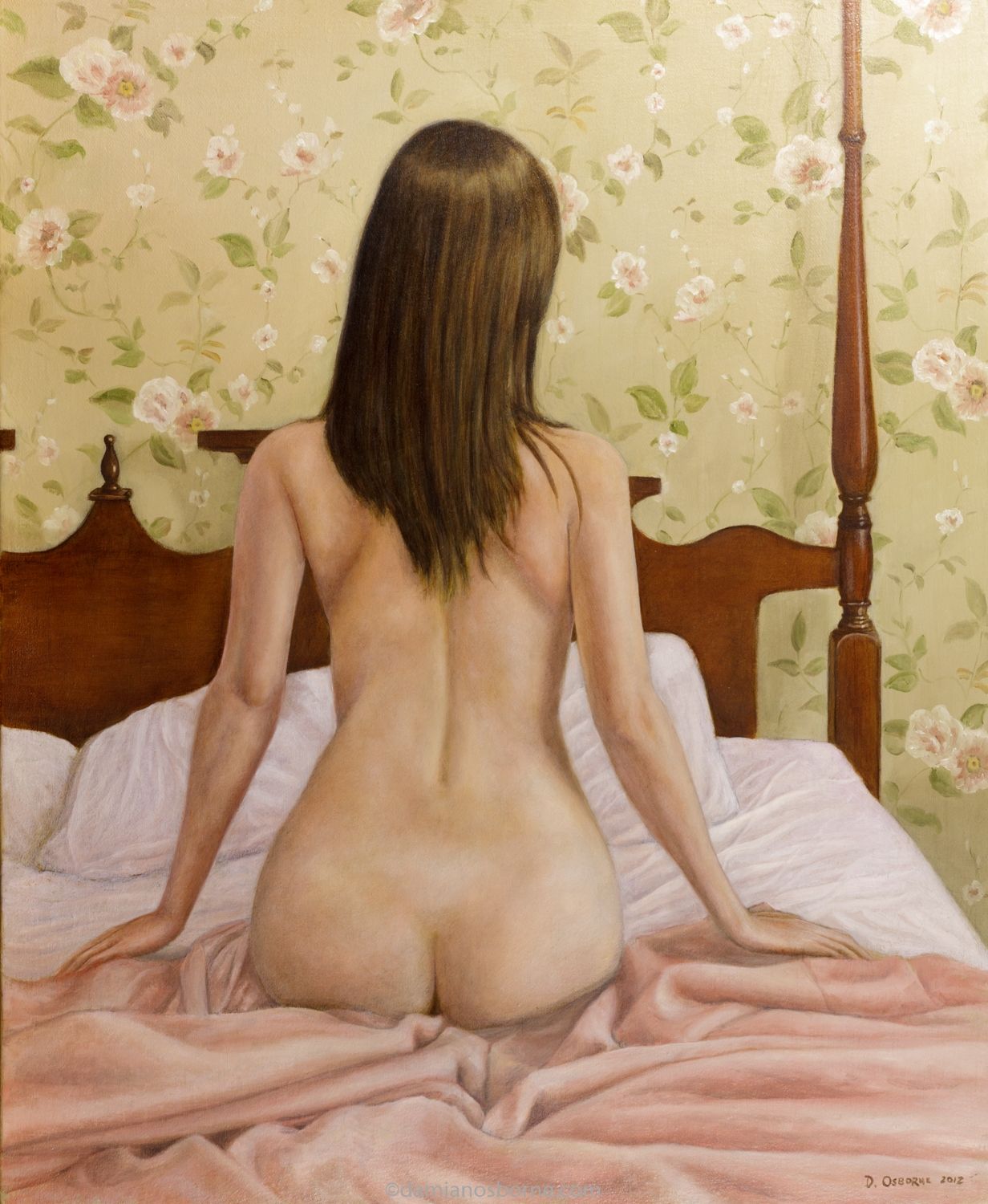 Nude with Floral Wall Paper, figurative oil painting by Damian Osborne, oil on canvas, 50 x 42 cm, 2012