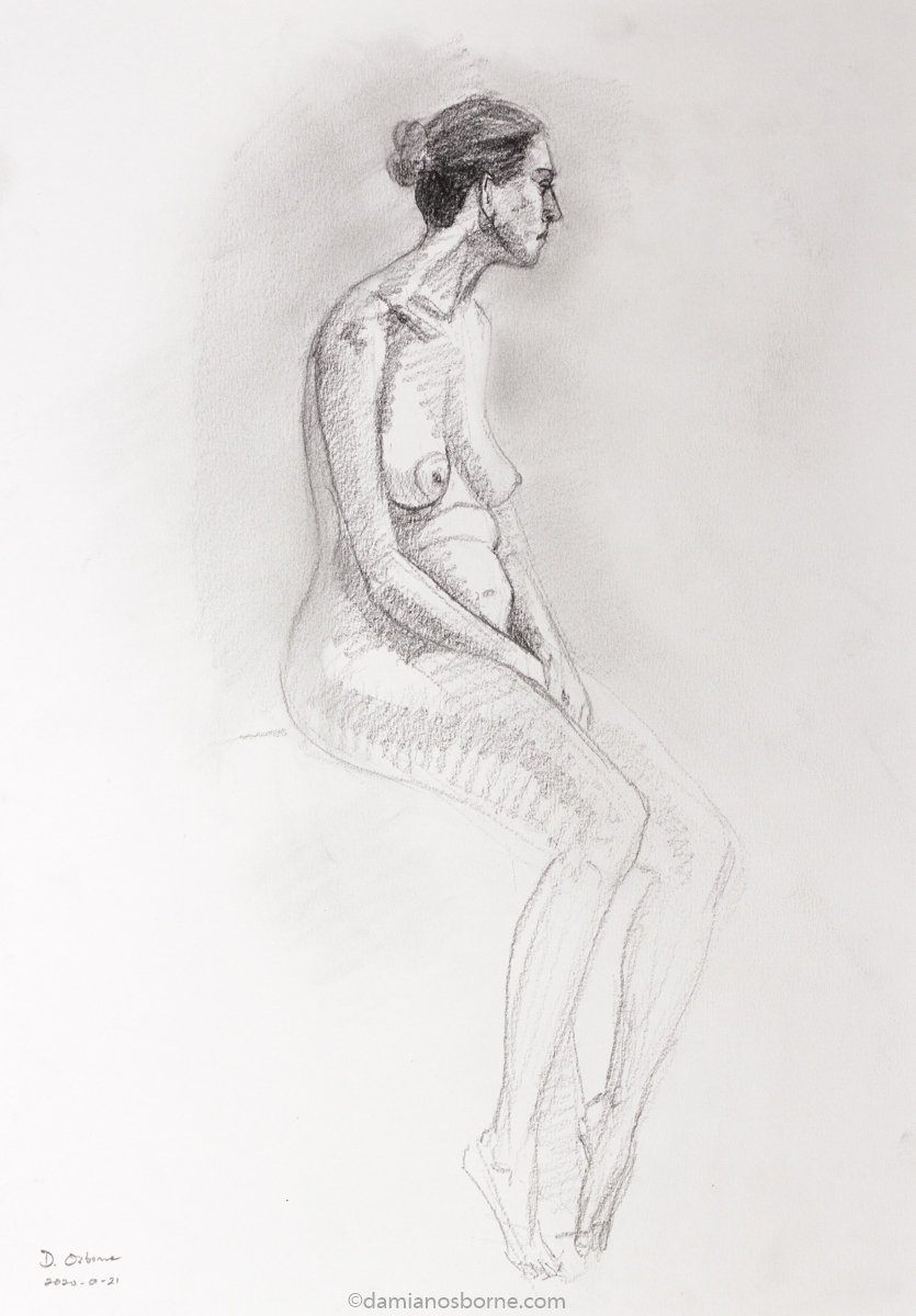 Perching Female Nude Drawing by Damian Osborne, Graphite on Fabriano Paper, 30 x 42cm, 2020. A nude figure drawing done from a live model. 1200px