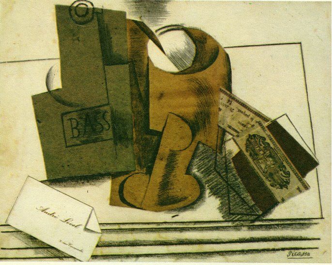 Picasso, an abstract still life, bottle of bass glass and package of tobacco,1914