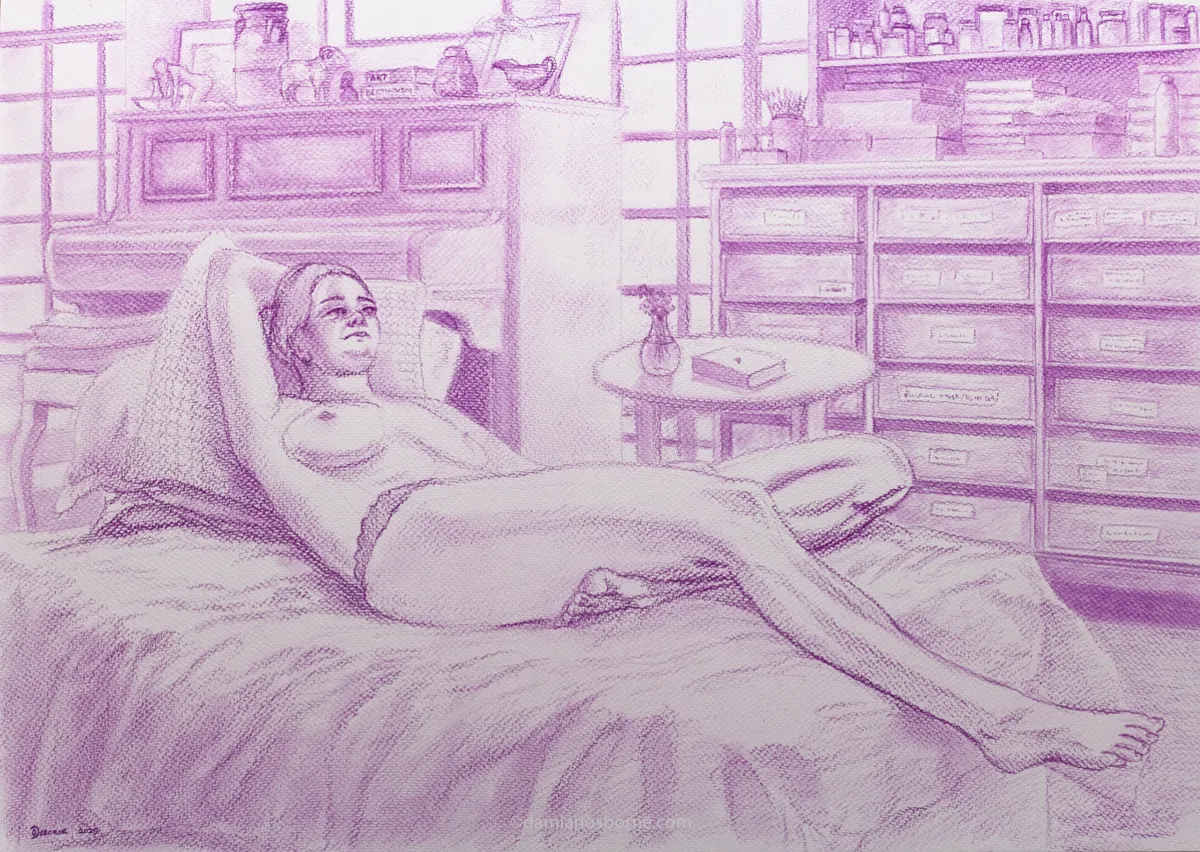 Reclining Nude in the Studio by Damian Osborne, Pitt Pastel on Fabriano Paper, 59 x 42cm, 2025. A nude figure drawing done from a live model. 1200px