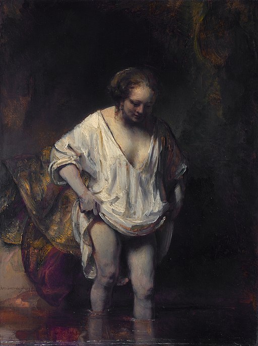 Rembrandt, A Woman Bathing in a Stream, 1654, Rembrandt used vine black for the cool flesh tones on the woman's legs
