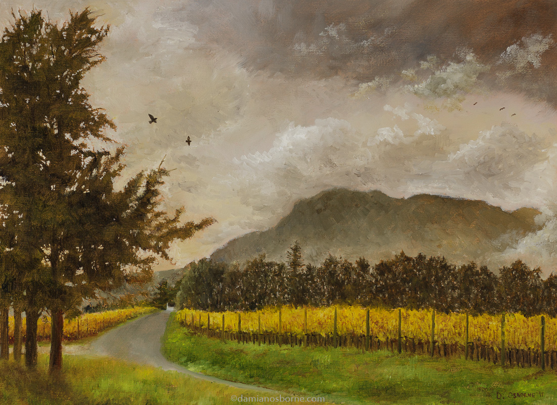 Road through Uitsig Vineyards, oil on canvas paper, 20 x 23 cm, Damian Osborne, 2011. A plein air impressionist oil landscape painting of the Constantia Valley vineyards at sunset.