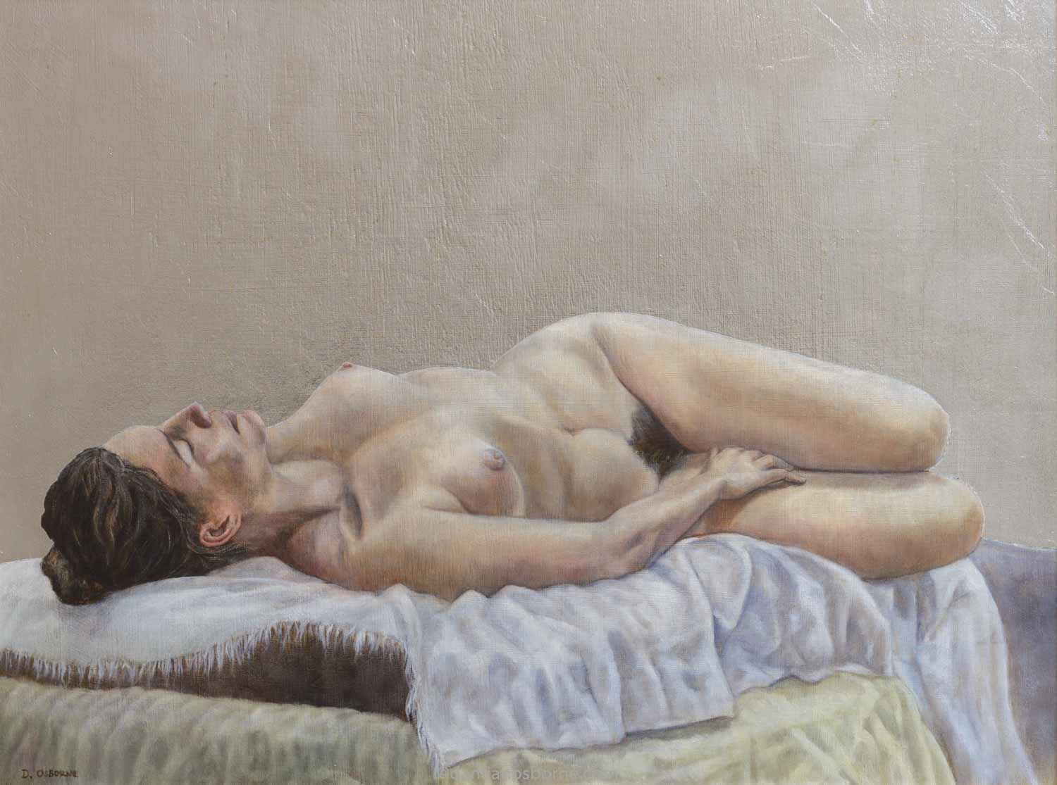 Silver, figurative oil painting by Damian Osborne, oil on board with silverleaf, 46 x 61 cm, 2017