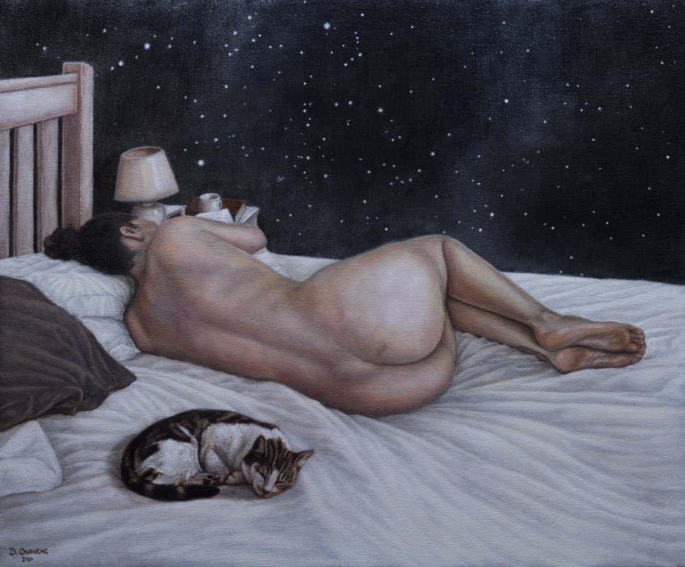Sleeping Under the Stars by Damian Osborne, oil on canvas, 50 x 60 cm, 2024. An allegorical realism painting of a nude woman sleeping under the stars.