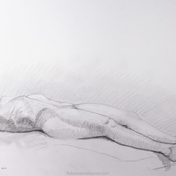 Stretched Out Nude Drawing by Damian Osborne, Graphite on Fabriano Paper, 30 x 42cm, 2020. A nude figure drawing done from a live model.