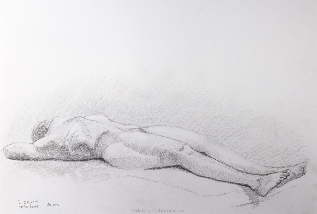Stretched Out Nude Drawing by Damian Osborne, Graphite on Fabriano Paper, 30 x 42cm, 2020. A nude figure drawing done from a live model. $50 or R890. 1200px