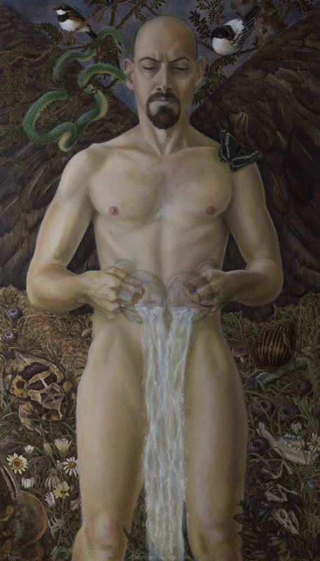 Temperance by Damian Osborne, oil on canvas, 93 x 53 cm, 2023. An allegorical realism painting self-portrait with dark wings pouring out water from goblets and surrounded by birds and animals.