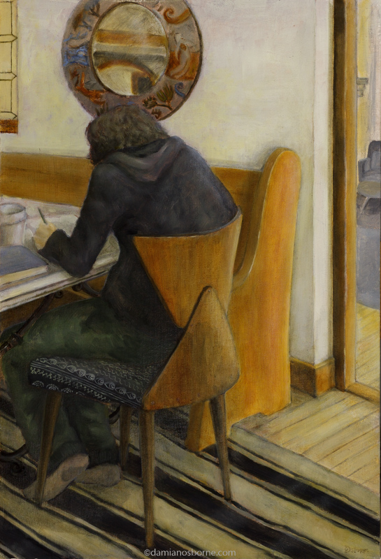 The Art Lesson, oil on panel, Damian Osborne, 2022, contemporary realism painting, modern impressionist painting, interior painting, figurative painting