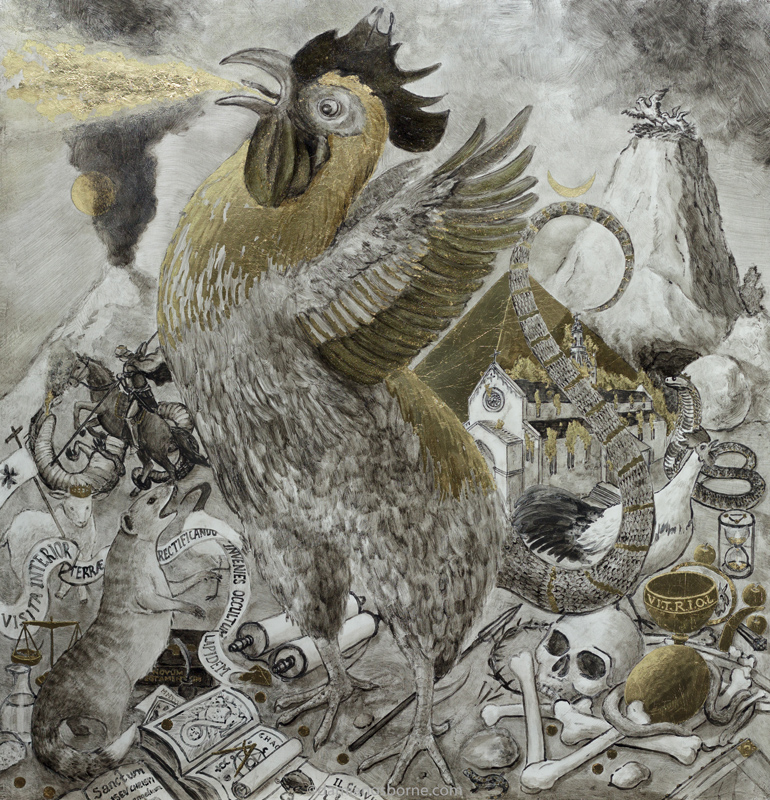 The Cockatrice ( Esoteric Art) by Damian Osborne, mixed-media on board (egg tempera, tempera grassa and oil paint from burnt chicken bones and eggshells, with gold-leaf), 65 x 59cm, 2025. 