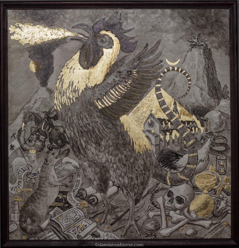 The Cockatrice by Damian Osborne, mixed media on board (egg tempera, tempera grassa and oil paint from burnt chicken bones and egg shells, with goldleaf), 65 x 59 cm, 2025 (framed) 800px