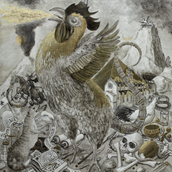 The Cockatrice by Damian Osborne, mixed-media on board (egg tempera, tempera grassa and oil paint from burnt chicken bones and eggshells, with gold-leaf), 65 x 59cm, 2025. Esoteric art.
