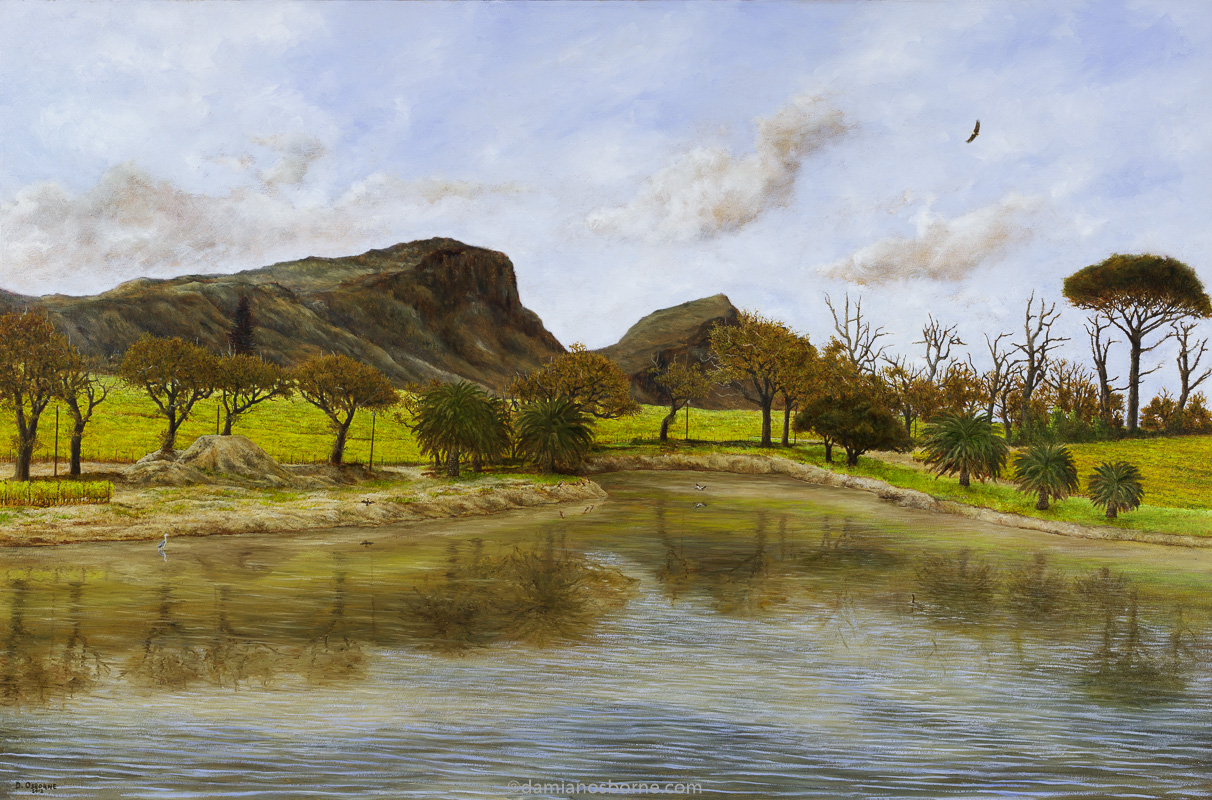 The Dam (Groot Constantia), oil on canvas, 58 x 88 cm, Damian Osborne, 2012. A plein air impressionist oil painting of a dam, mountains and vineyards in Constantia Valley.