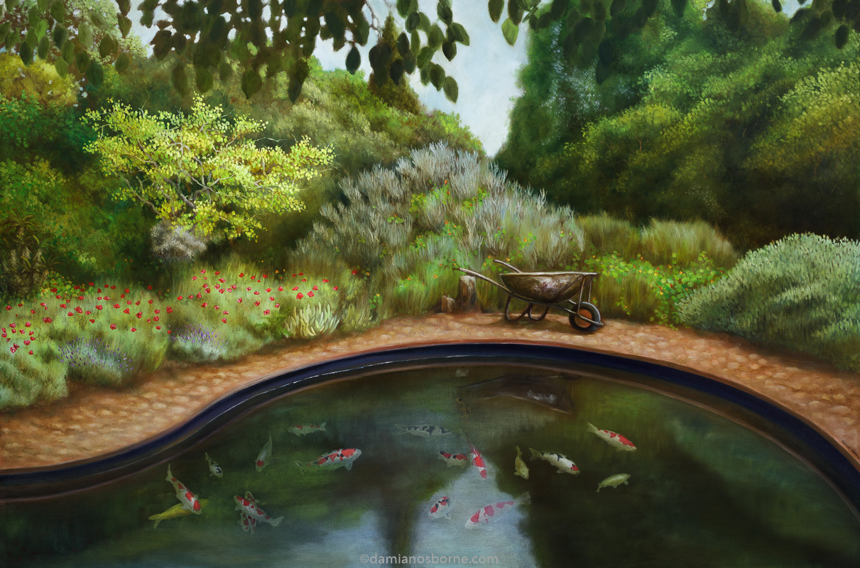 The Koi Pond, oil on canvas, 100 x 150 cm, Damian Osborne, 2012, plein air impressionism, Constantia vineyard painting, South African landscape oil painting, koi fish painting