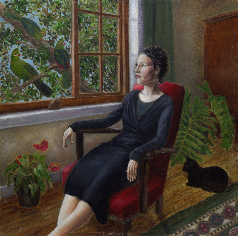 The Louries by Damian Osborne, oil on canvas, 30 x 30 cm, 2023, contemporary figure painting, portrait painting, the artist's wife, Knysna Louries, contemporary figurative painting