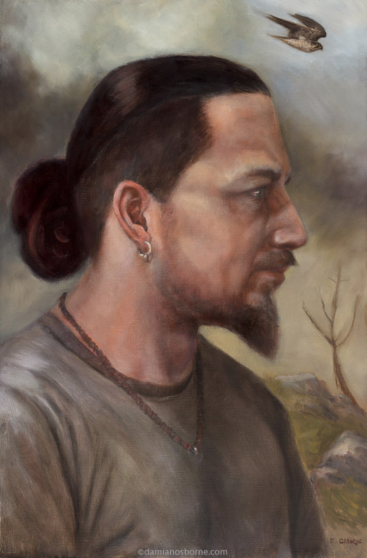The Pagan, oil on board, Damian Osborne, 2019, portrait of a man with falcon, Zorn Palette. 