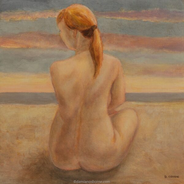 Paintings of Sirens, a Sirens artwork. The Sirens — Awakening, figurative oil painting by Damian Osborne of nude woman sitting on beach waiting for sunrise. Siren painting.