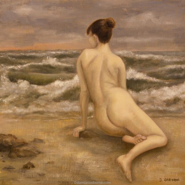 Paintings of Sirens, a Sirens artwork. The Sirens — Change in the Weather, figurative oil painting by Damian Osborne of nude woman looking out at choppy ocean. Siren painting.