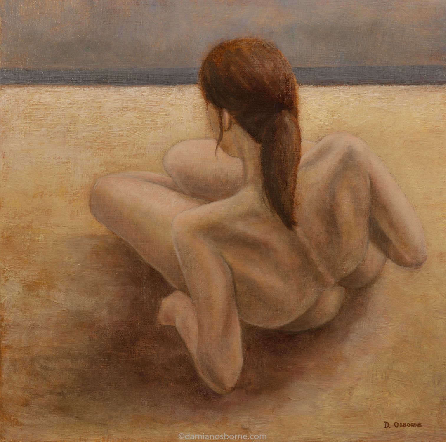 Sirens painting. The Sirens_Edge of the World, figurative oil painting by Damian Osborne of woman lying on beach looking at ocean
