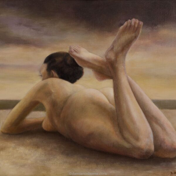 Paintings of Sirens, a Sirens artwork. The Sirens — Low Tide, figurative oil painting by Damian Osborne of nude woman lying on beach with tide out. Siren painting.