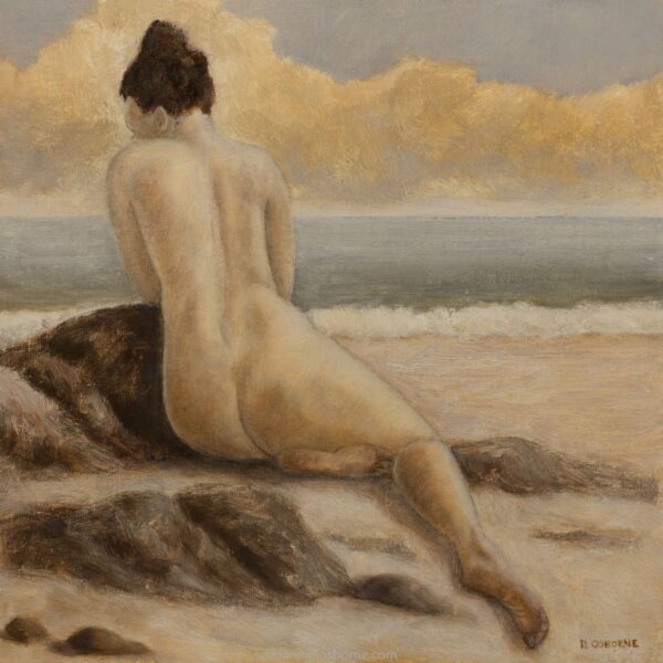 Paintings of Sirens, a Sirens artwork. The Sirens — Remembering How Hard it's Been, figurative oil painting by Damian Osborne of woman leaning against rock at seaside. Siren painting.