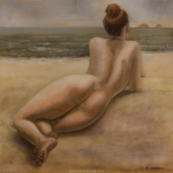 Sirens painting. The Sirens — Strange Islands, figurative oil painting by Damian Osborne of nude woman lying on beach looking at islands. Paintings of Sirens, a Sirens artwork.