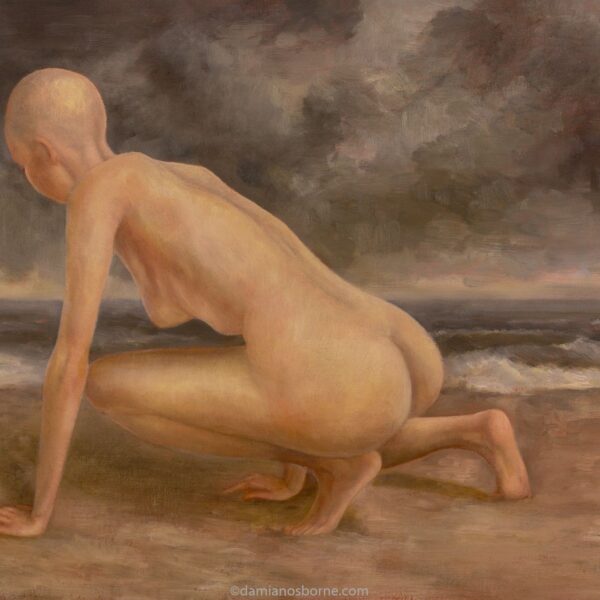 Paintings of Sirens, a Sirens artwork. The Sirens — The Ocean and the Giantess, figure painting by Damian Osborne of nude woman crouching on seashore, Siren painting.